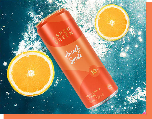 Aspen Green Amalfi Spritz 10mg THC drink with orange slices on a blue water splash background