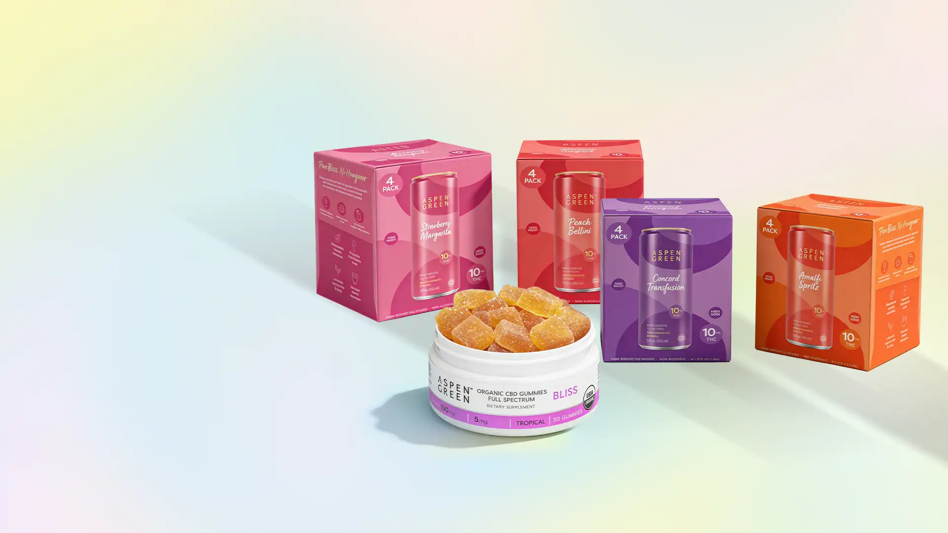 Aspen Green CBD Bliss Gummies and all four 4-packs of THC beverages