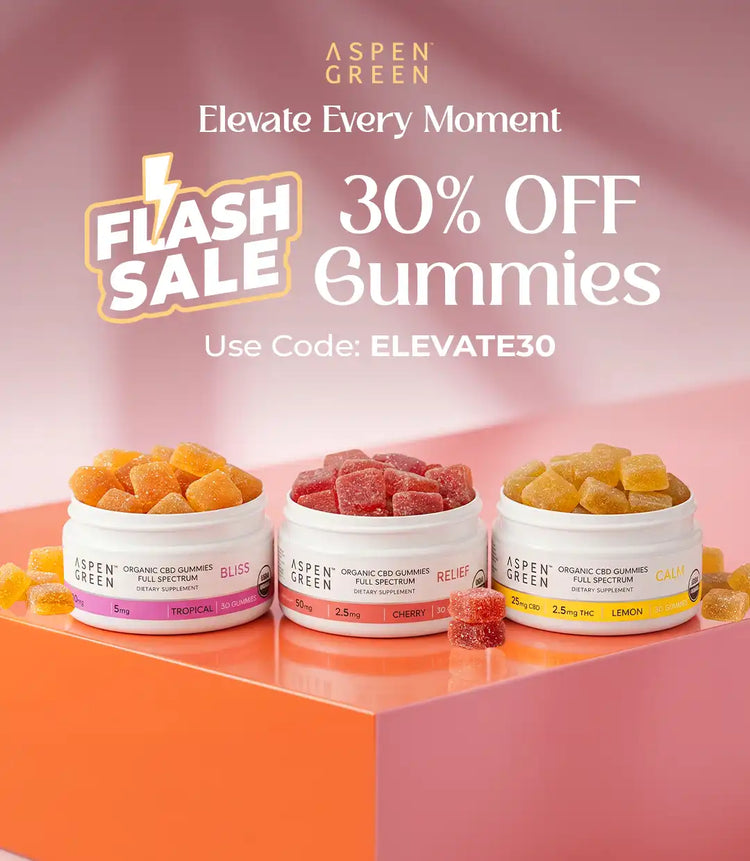 Promotional banner for Aspen Green gummies with containers and a flash sale offer on a pink background.
