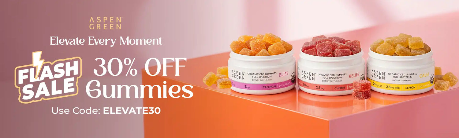 Promotional banner for Aspen Green gummies with containers and a flash sale offer on a pink background.