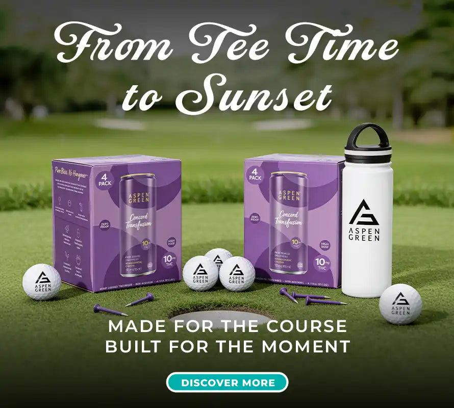 Aspen Green Concord Transfusion 4 Packs, golf balls, tumbler on a golf course