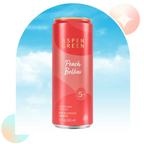 Aspen Green Peach Bellini 5mg THC drink against a blue sky background
