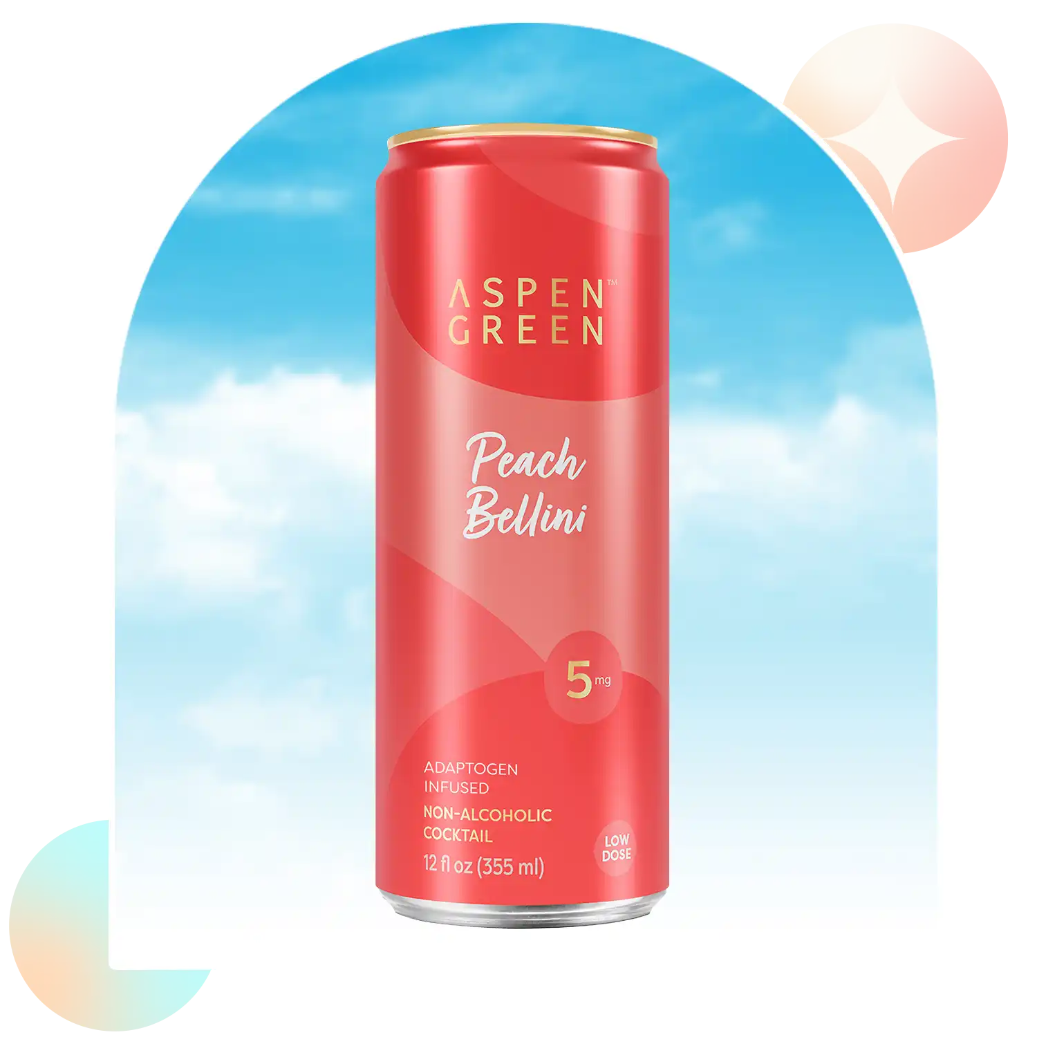 Aspen Green Peach Bellini 5mg THC drink against a blue sky background