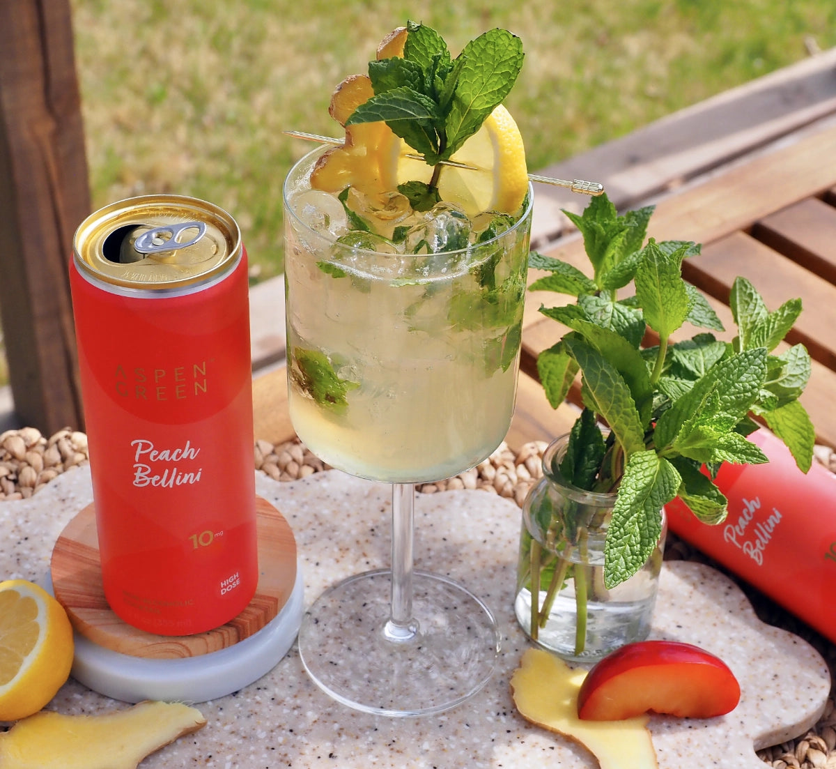 Peach Ginger Julep THC drink with juicy peach, ginger spice, and a light effervescent finish