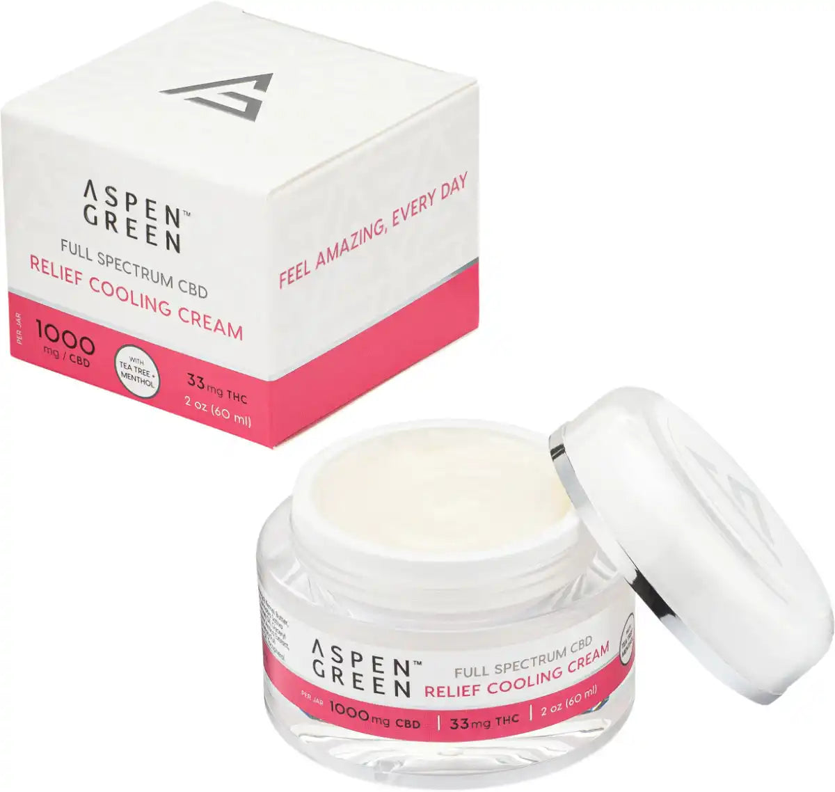 Aspen Green Relief Full Spectrum CBD Cooling Cream Open with Box- Tea Tree & Menthol, 1000mg CBD