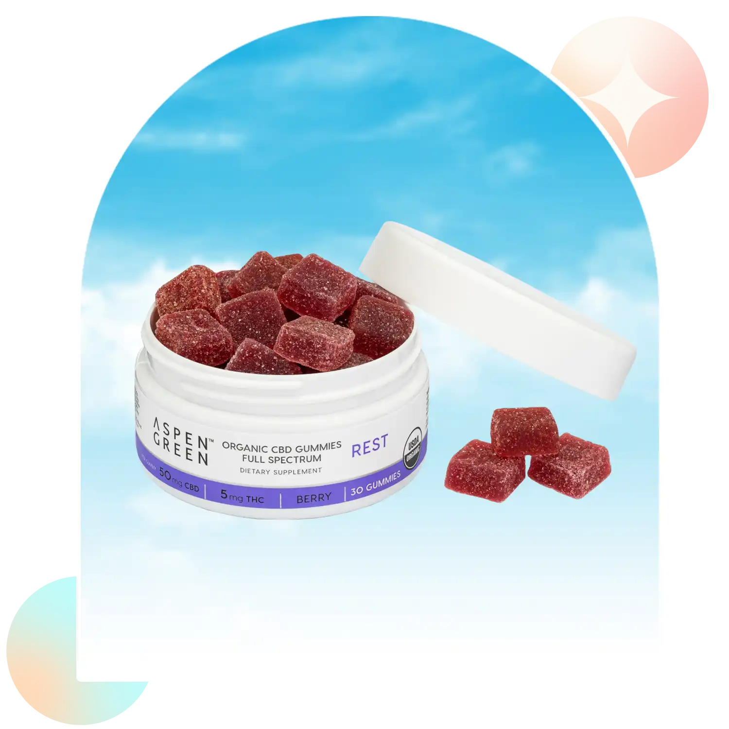 Open jar of Aspen Green Rest Full Spectrum CBD Gummies with 3 gummies beside it; USDA Certified Organic, Berry flavor, 30 count.