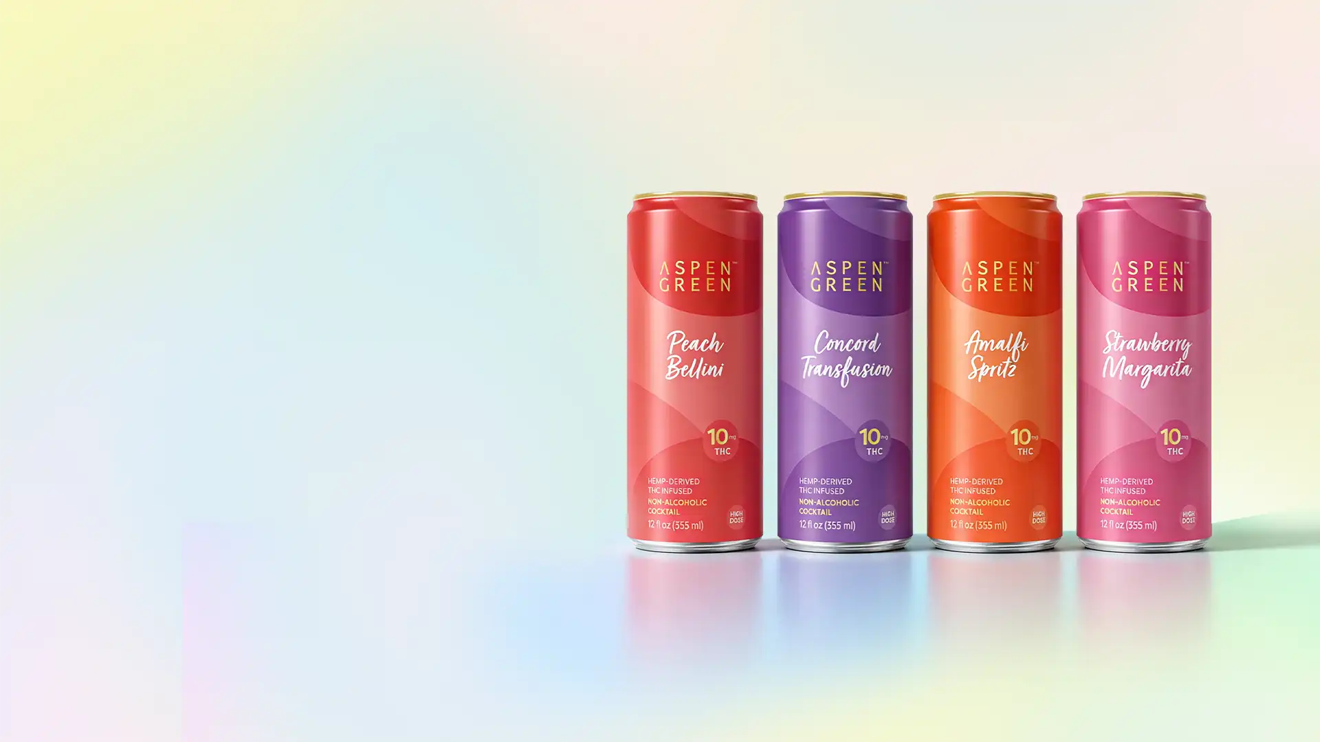 Four cans of Aspen Green THC drinks on a gradient background
