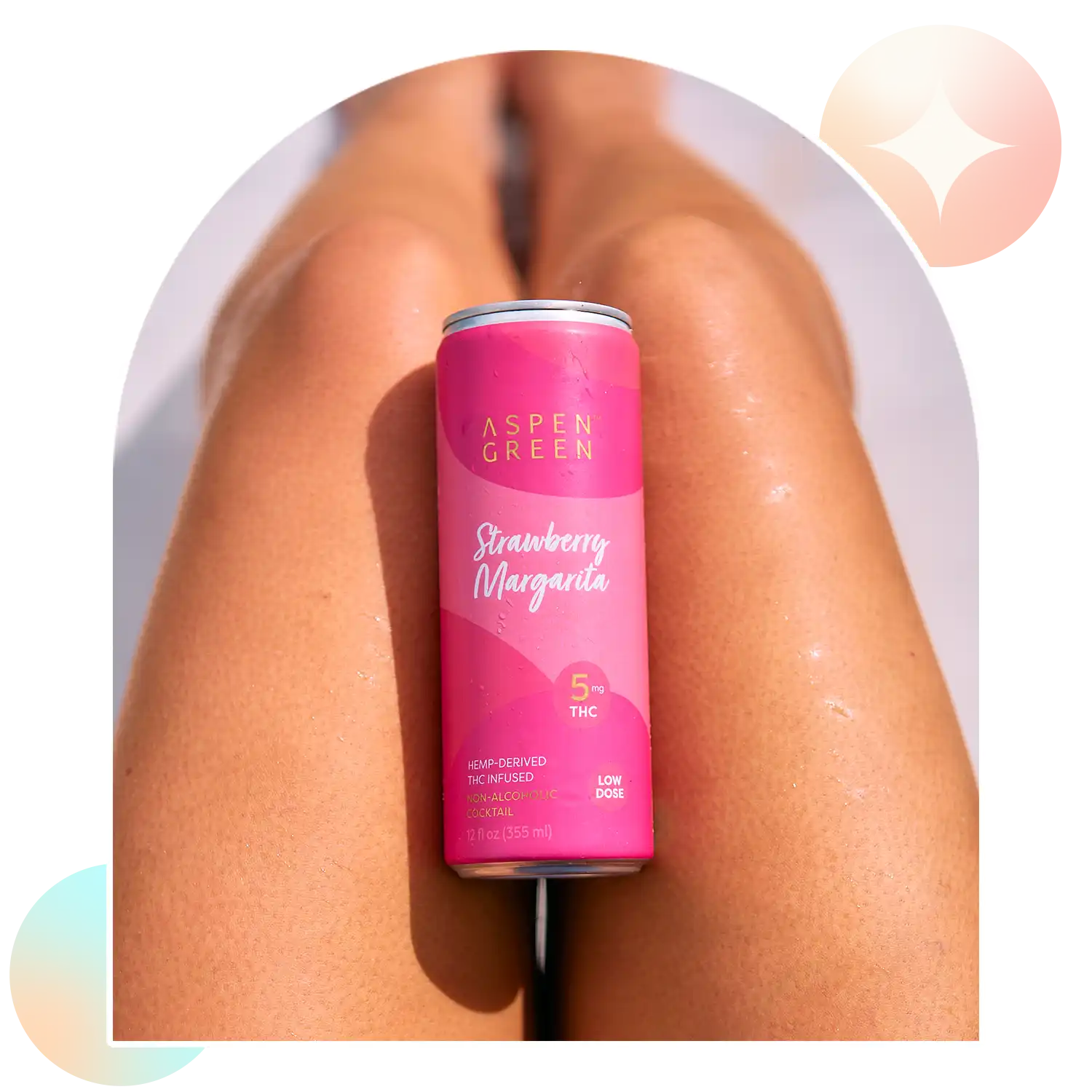 Refreshing Strawberry Margarita 5mg THC drink by Aspen Green on a person’s leg