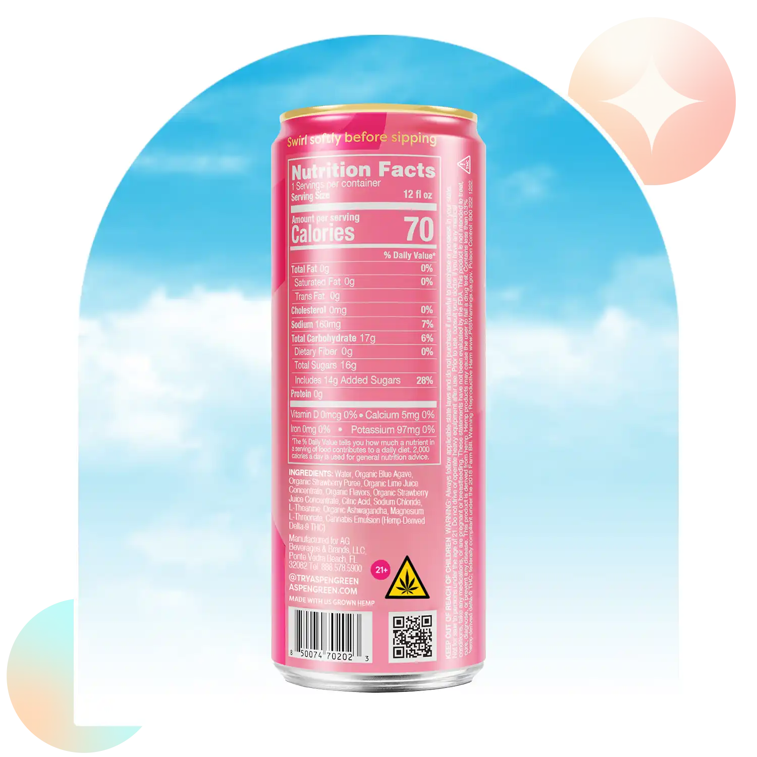 Aspen Green Strawberry Margarita THC drink nutrition facts against a blue sky background