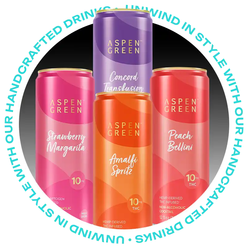 Four cans of Aspen Green THC drinks in different flavors with promotional text around them.