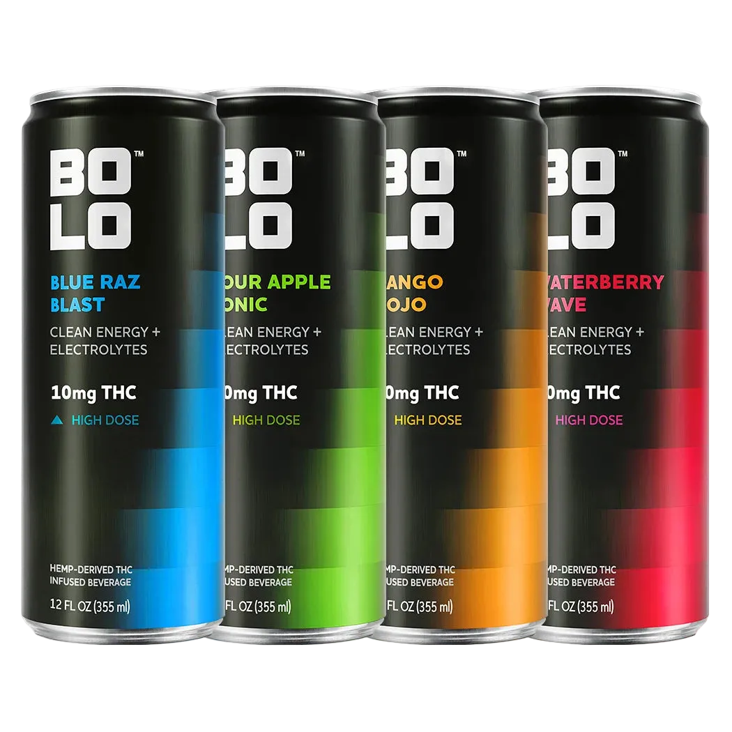 Four cans of different flavored BOLO THC-infused beverages