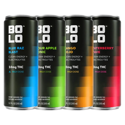 Four cans of different flavored BOLO THC-infused beverages