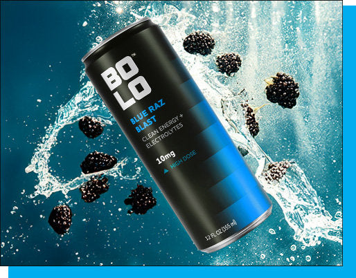 BOLO Blue Raz Blast 10mg THC drink can with blueberries and water splash on a blue background