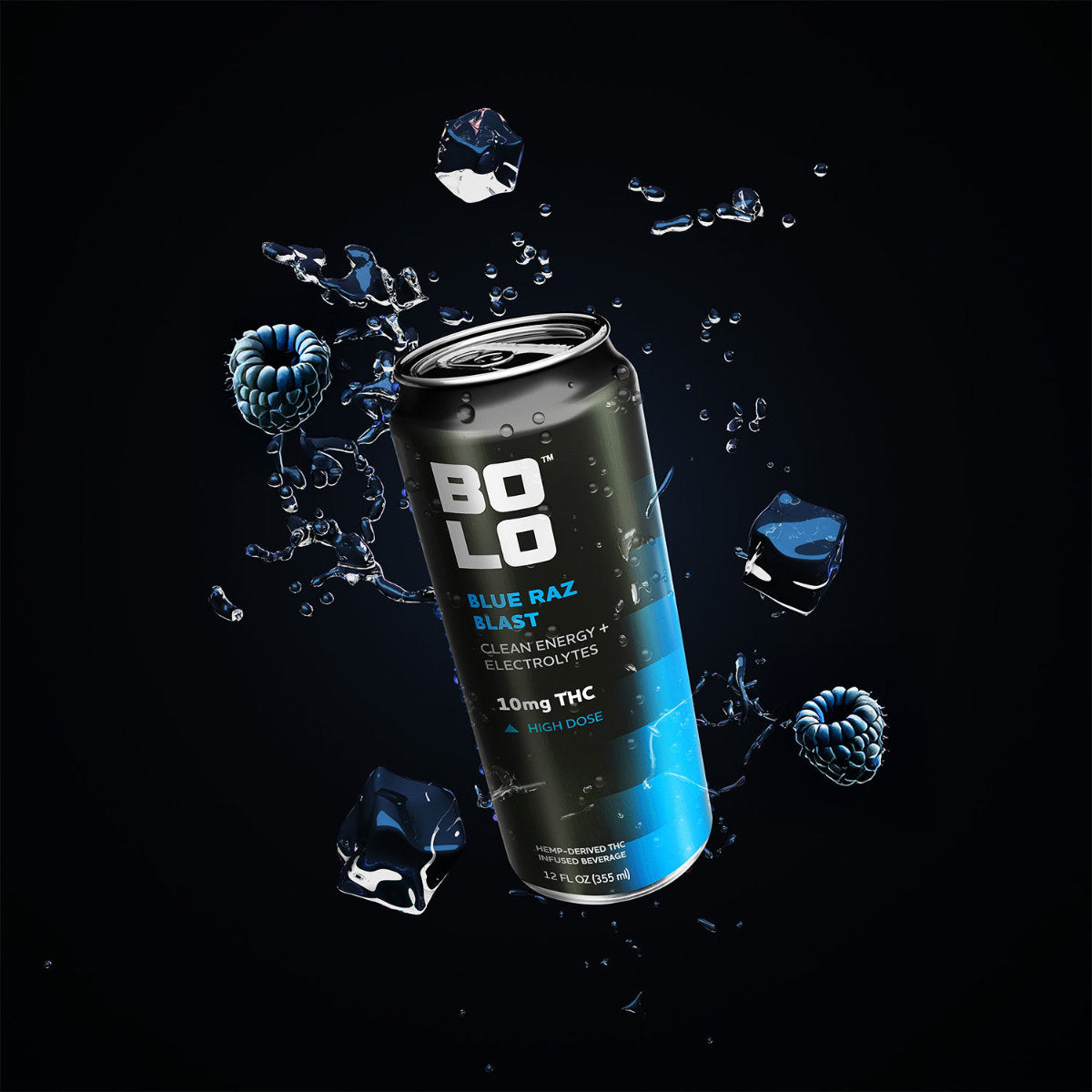BOLO Blue Raz Blast THC drink can with ice cubes on a black background