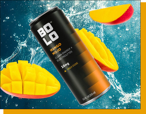BOLO Mango Mojo 10mg THC drink can with mango slices on a blue background
