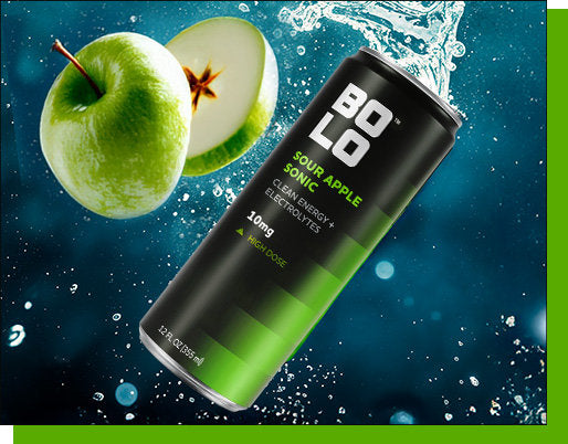 BOLO Sour Apple 10mg THC drink can with green apple on a blue background