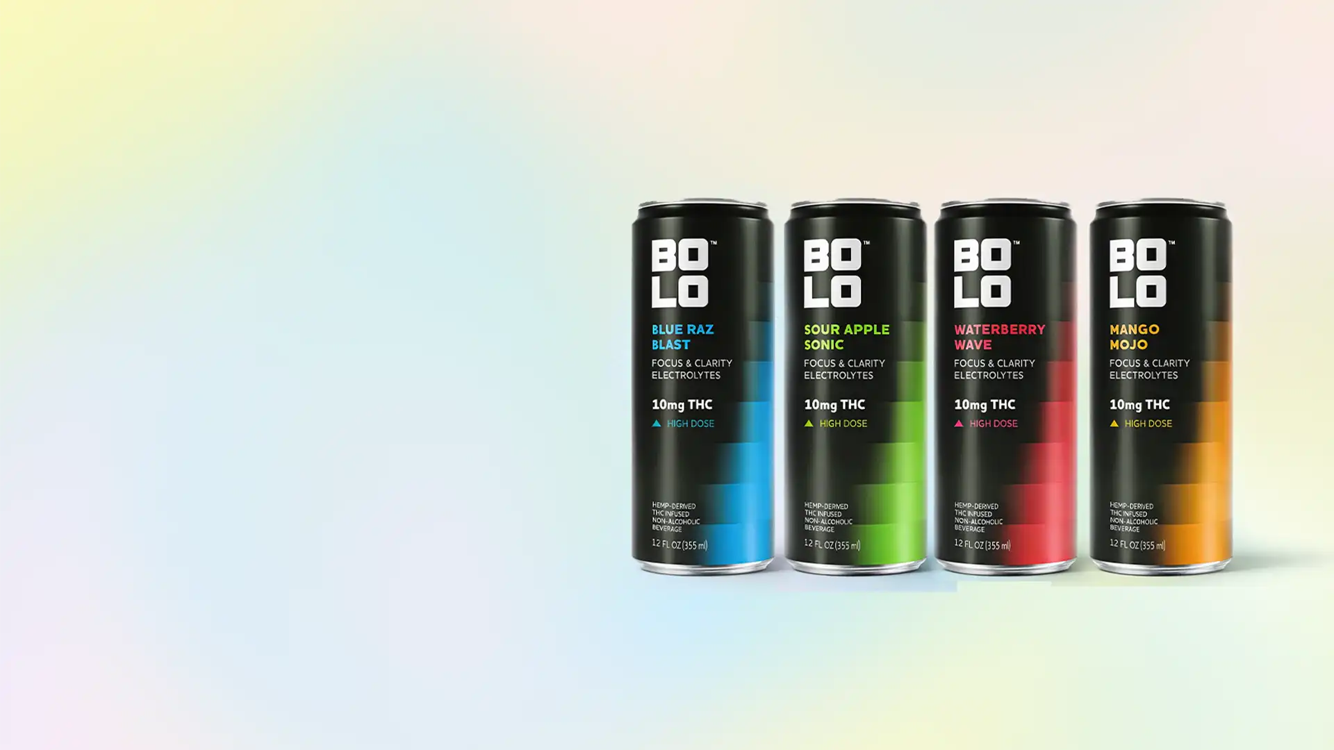 Four BOLO THC drink cans with on a gradient background