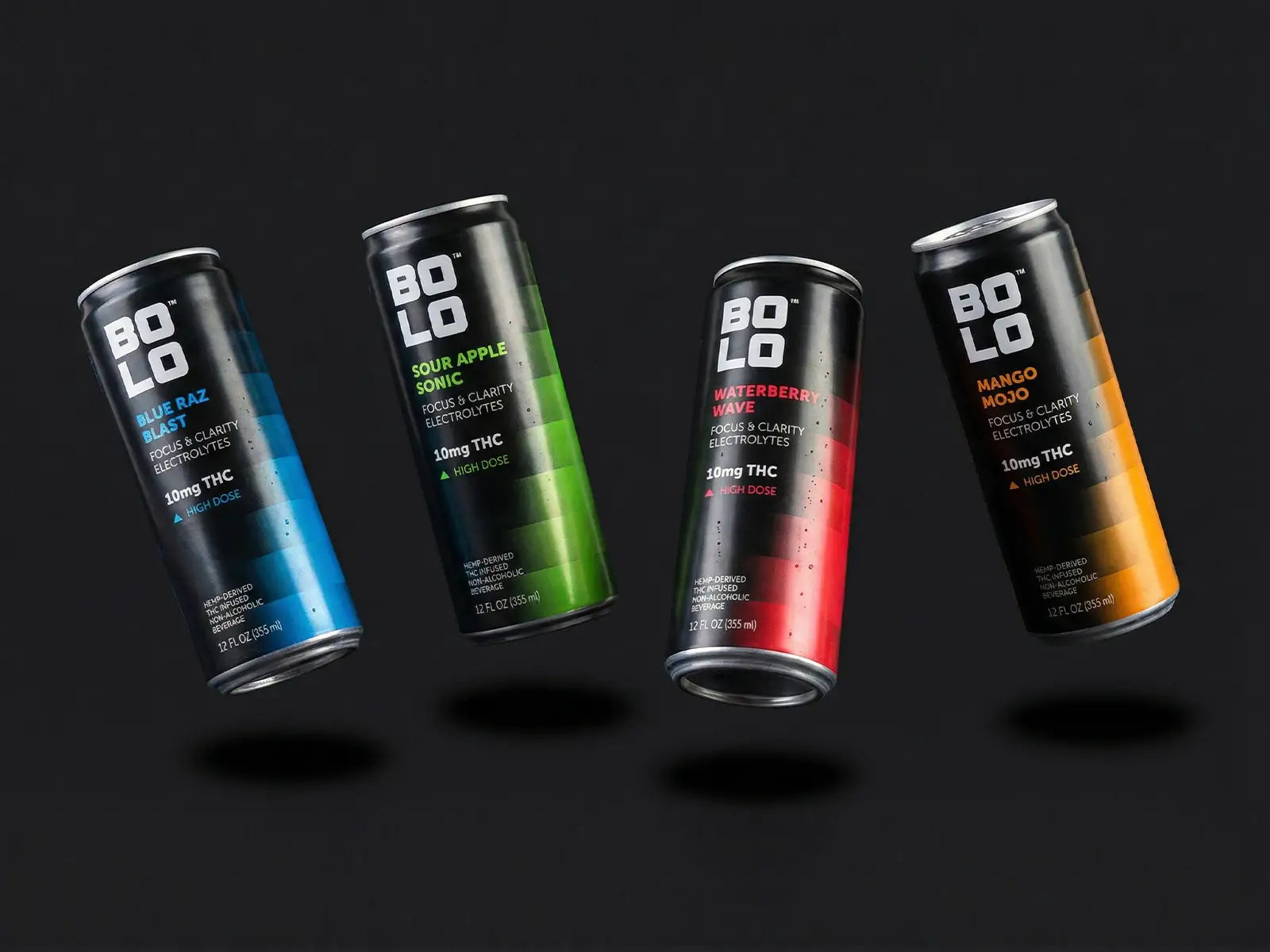 Four Bolo THC drink cans in different flavors on a black background
