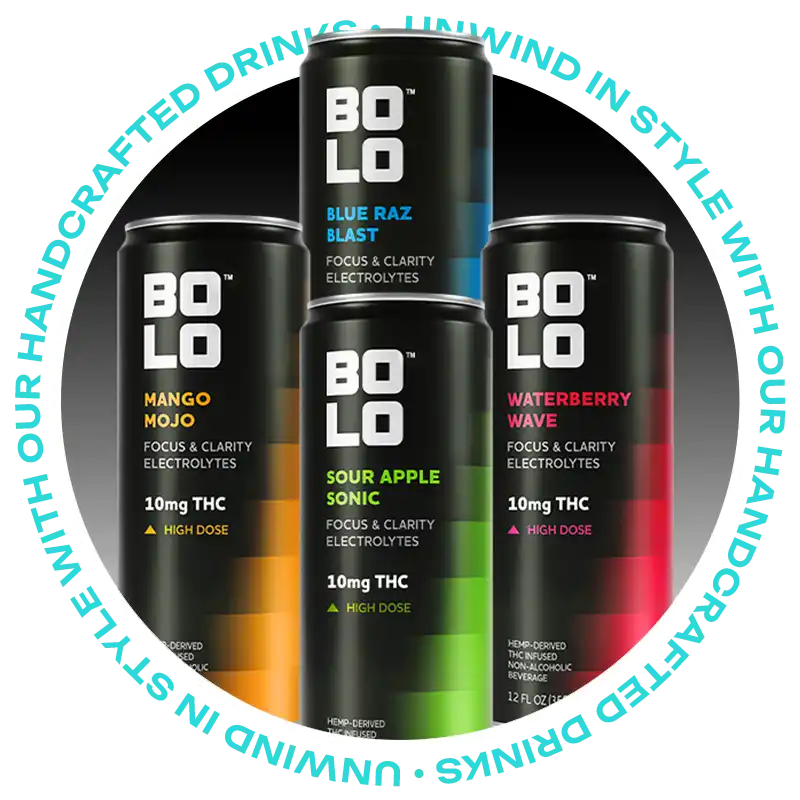 Four cans of BOLO THC drinks in different flavors with promotional text around them.