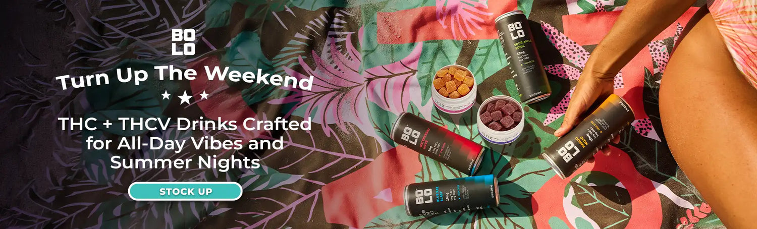 Promotional banner for BOLO THC and THCV drinks