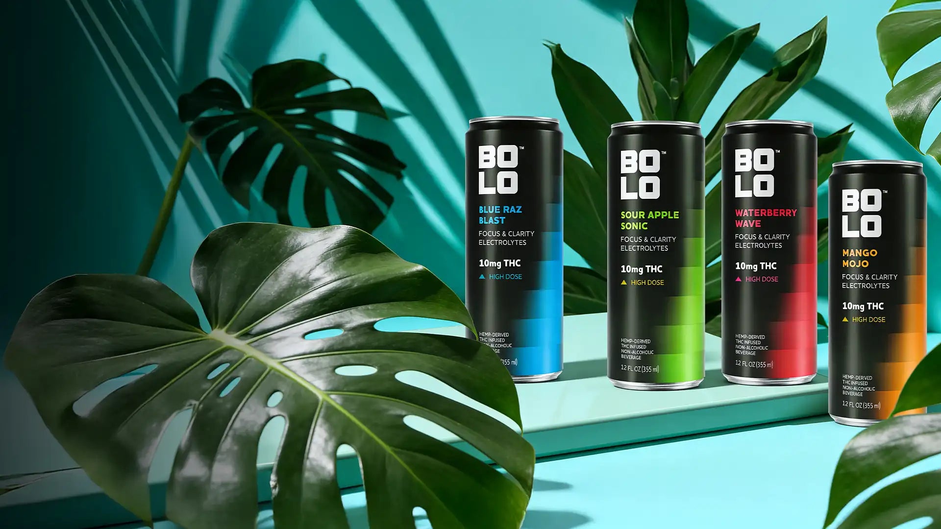 Four Bolo THC beverage with different flavors on a green background with leaves.