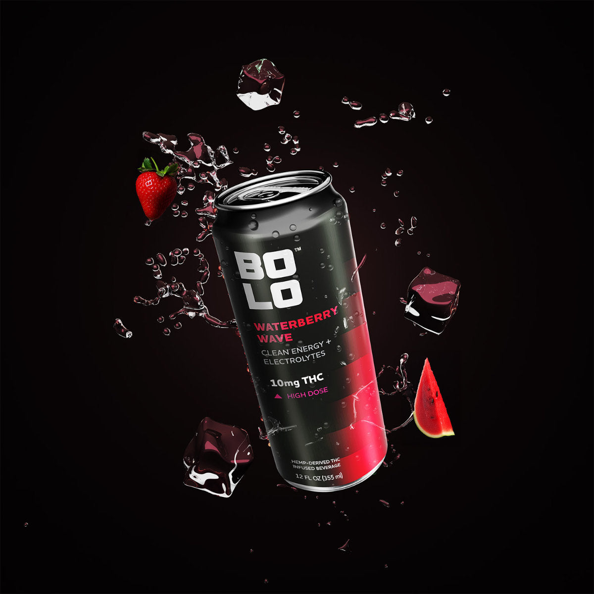 BOLO Waterberry Wave THC drink can with ice cubes on a black background
