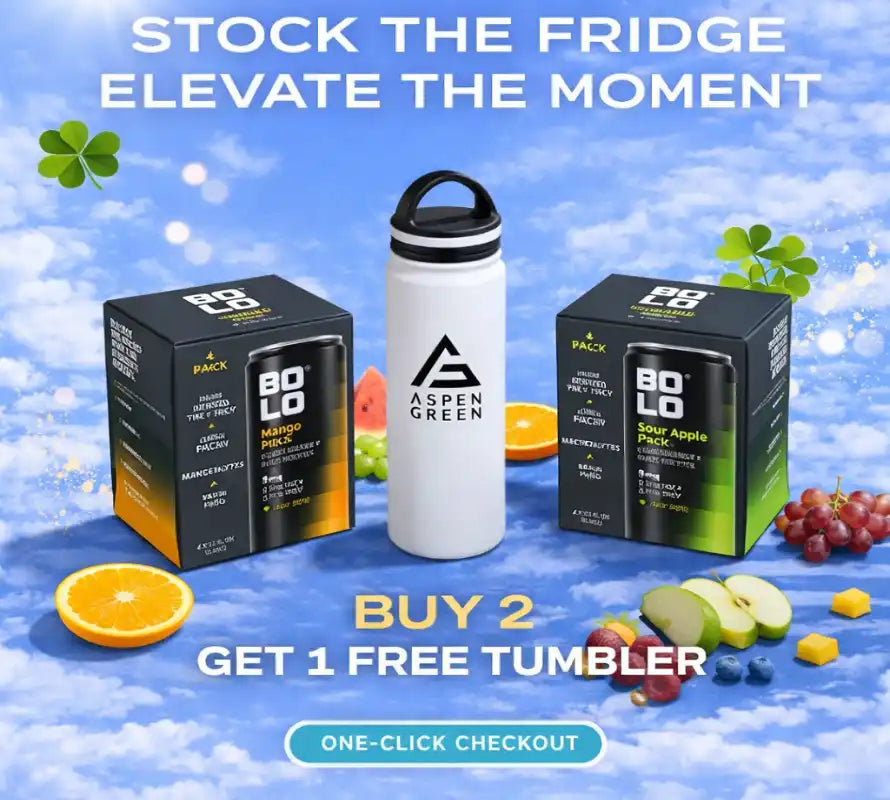 Promotional image with BOLO products, Aspen Green tumbler, and fruits against a sky background.