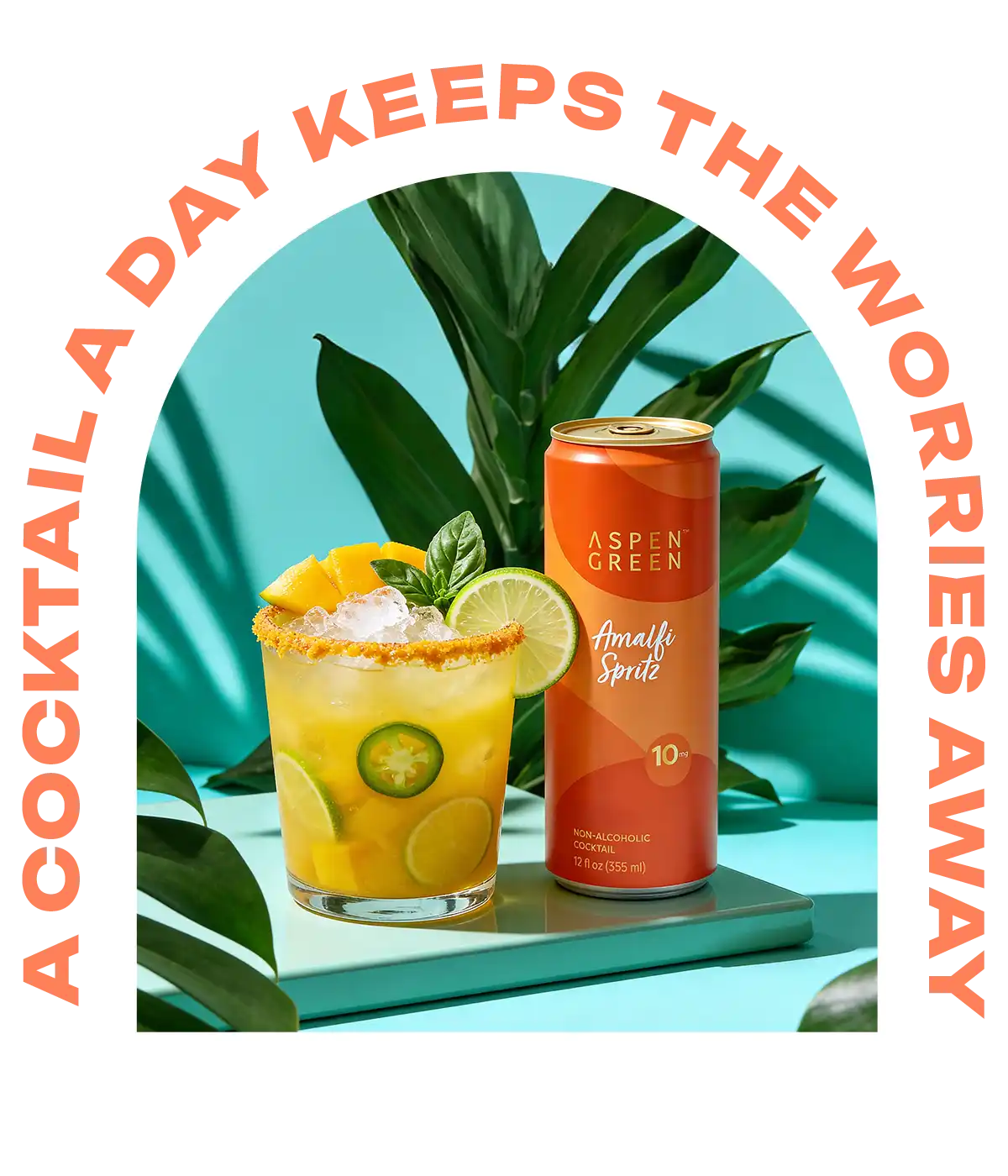 Golden Mango Amalfi Cocktail and can of Aspen Green Amalfi Spritz with text 'A cocktail a day keeps the worries away'