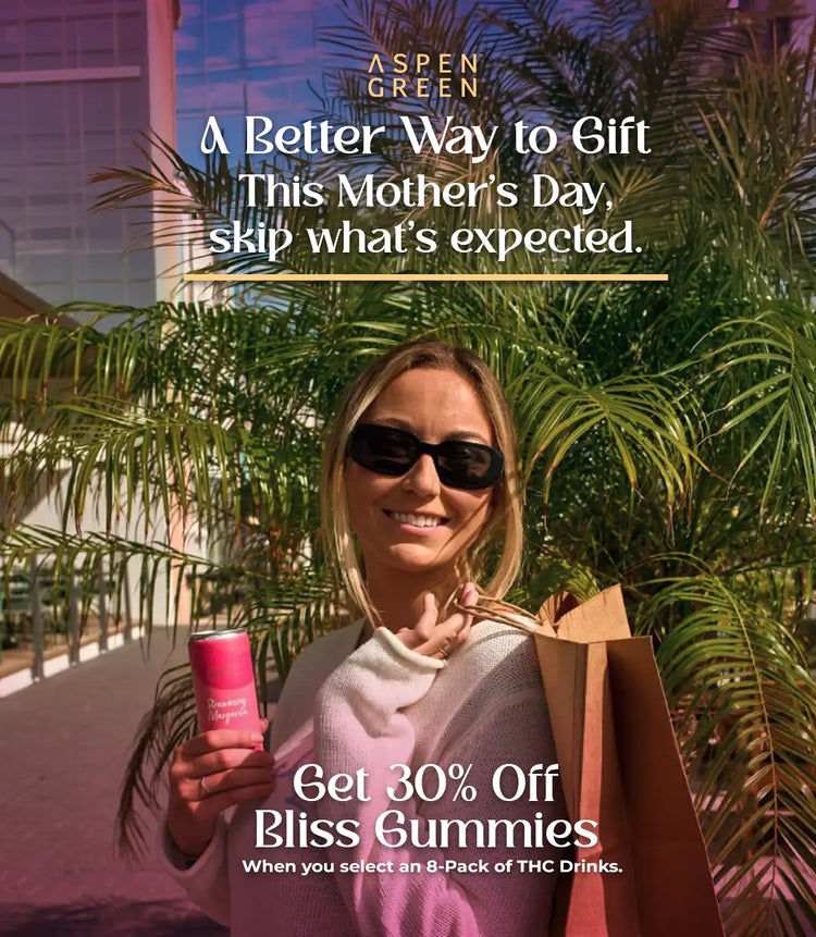 Woman holding a Strawberry Margarita can and shopping bag with promotional text for Bliss Gummies