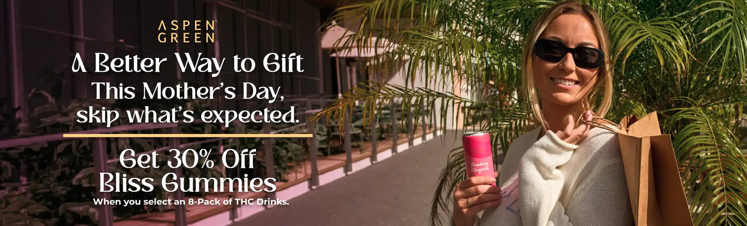 Woman holding a Strawberry Margarita can and shopping bag with promotional text for Bliss Gummies
