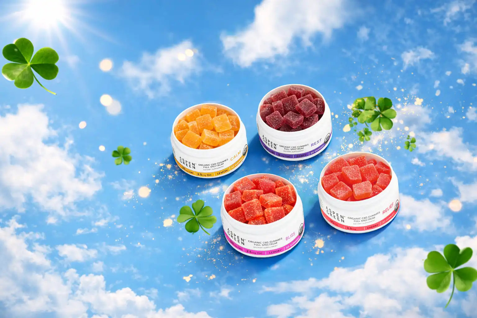 Four containers of CBD gummies on a blue sky background with clover leaves.
