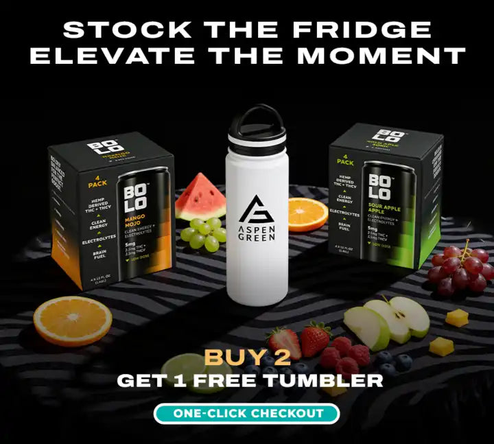 Promotional image of Aspen Green tumbler with BOLO THC drinks and fruits