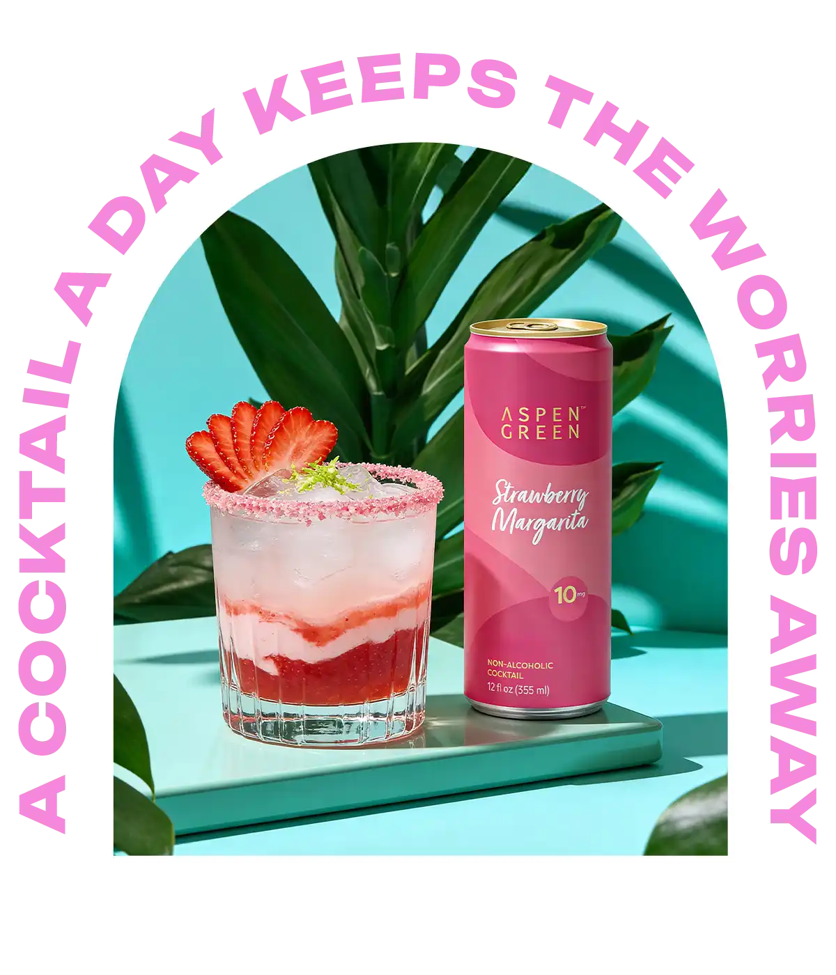 Strawberry Blossom Spritz in a glass with a can of Aspen Green Strawberry Margarita on a blue background with palm leaves.