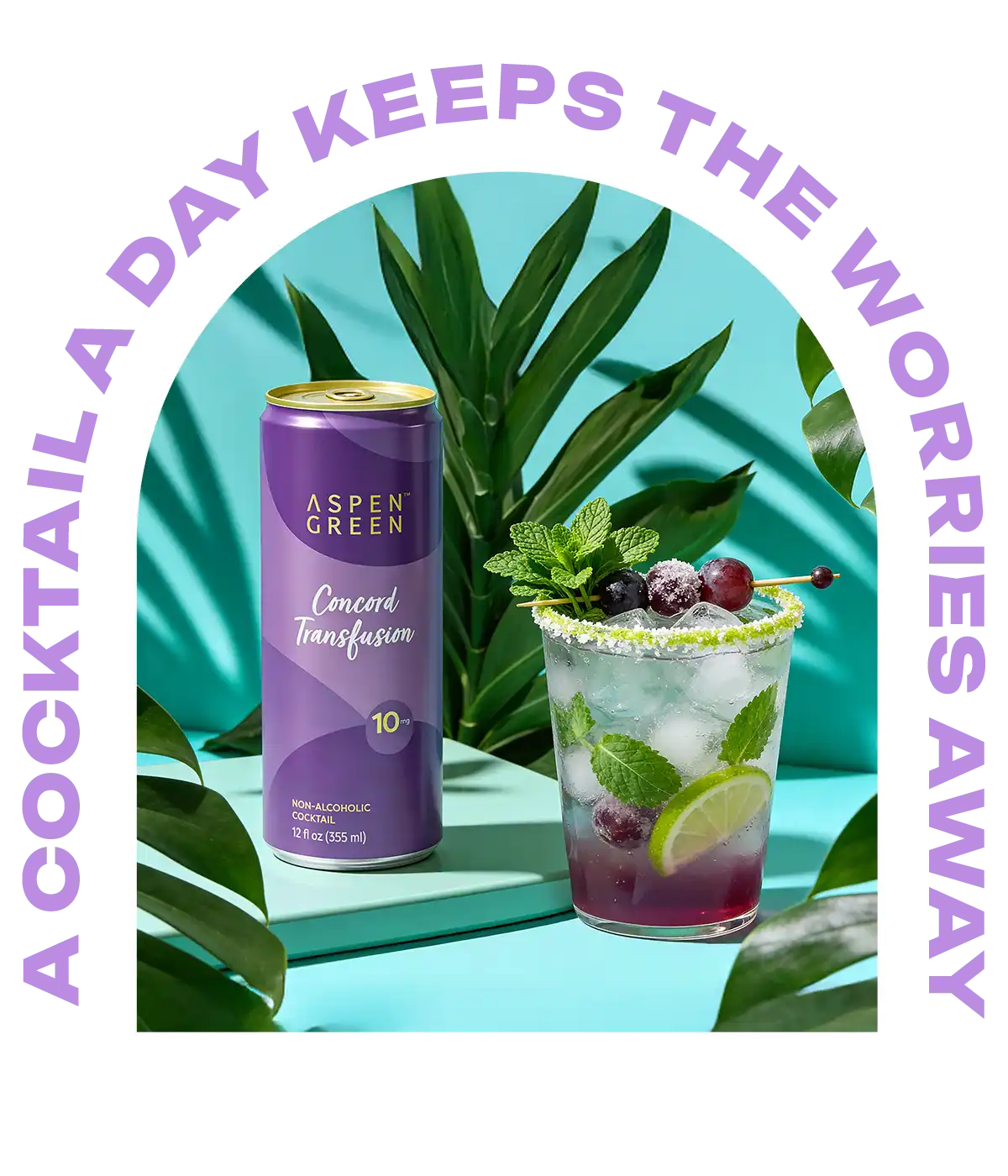 Aspen Green Concord Transfusion can and glass of Vineyard Mint Fizz THC drink with garnishes