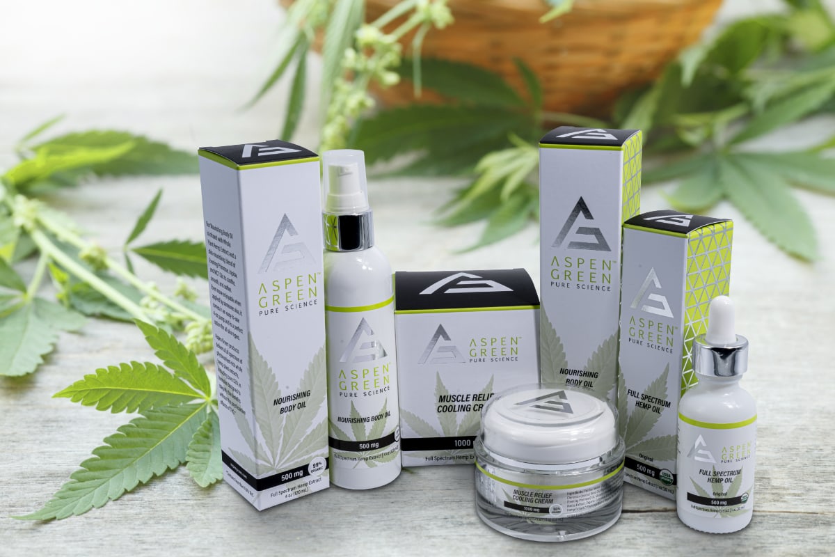 Aspen Green's best natural products surrounded by hemp leaves