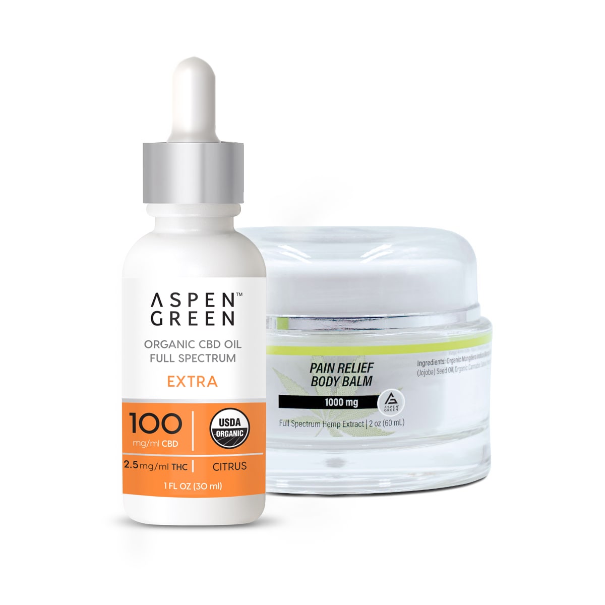 Aspen Green Extra CBD Oil and Pain Relief Body Balm grouping