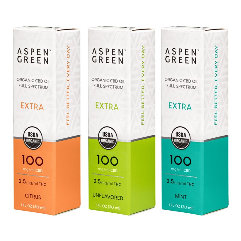 Aspen Green Extra Multi-Flavor Organic CBD Oil boxes