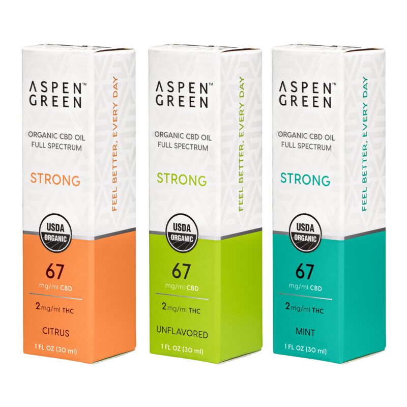 Aspen Green Strong Multi-Flavor Organic CBD Oil boxes
