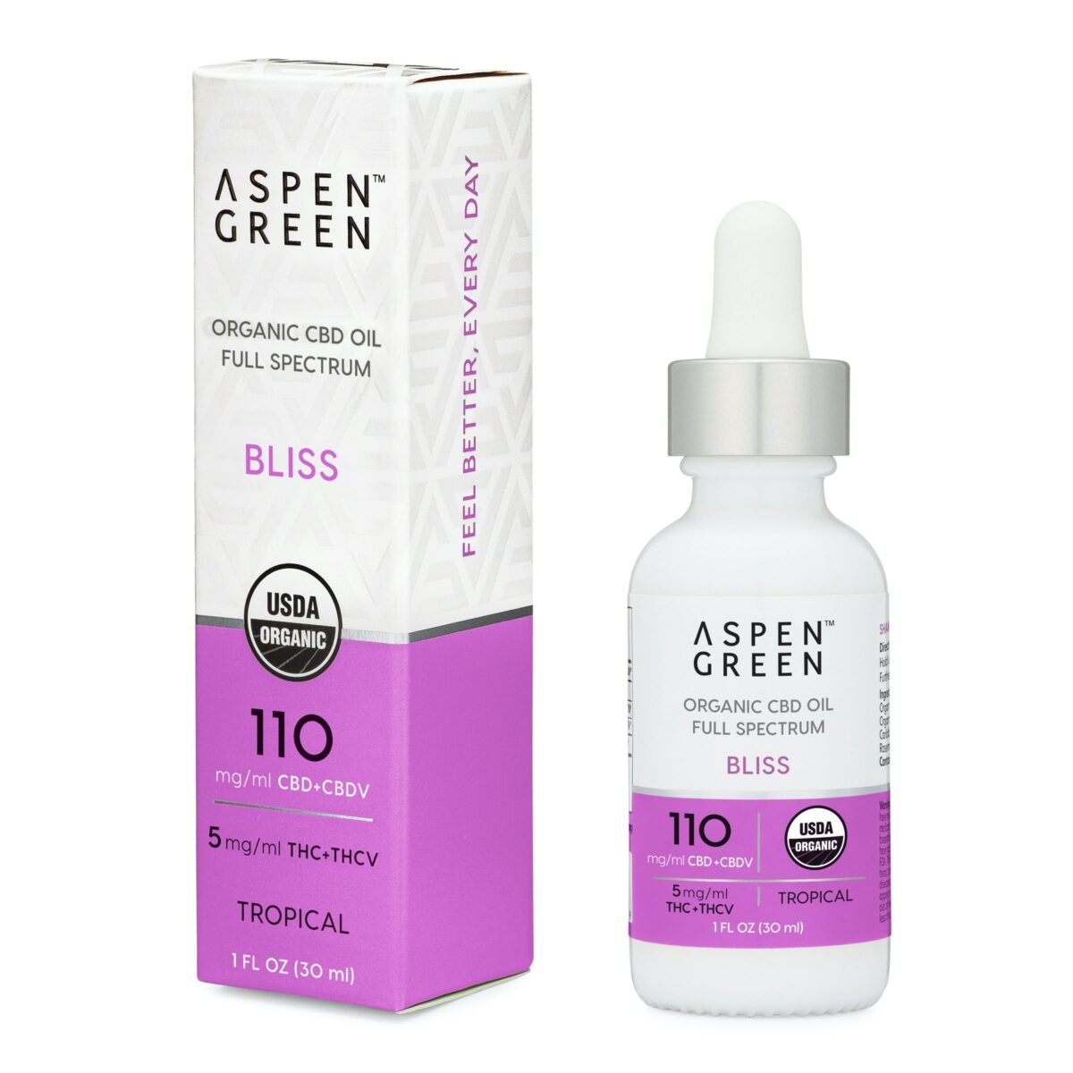 Aspen Green USDA Certified Organic CBD Oil with box, Bliss (110mg/ml CBD), Tropical Flavor