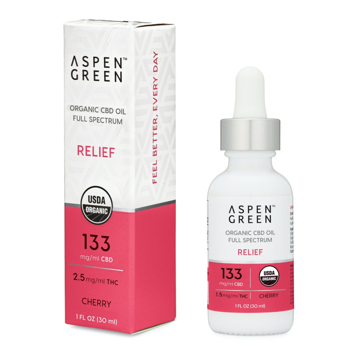 Aspen Green USDA Certified Organic CBD Oil with box, Relief (133mg/ml CBD), Cherry Flavor