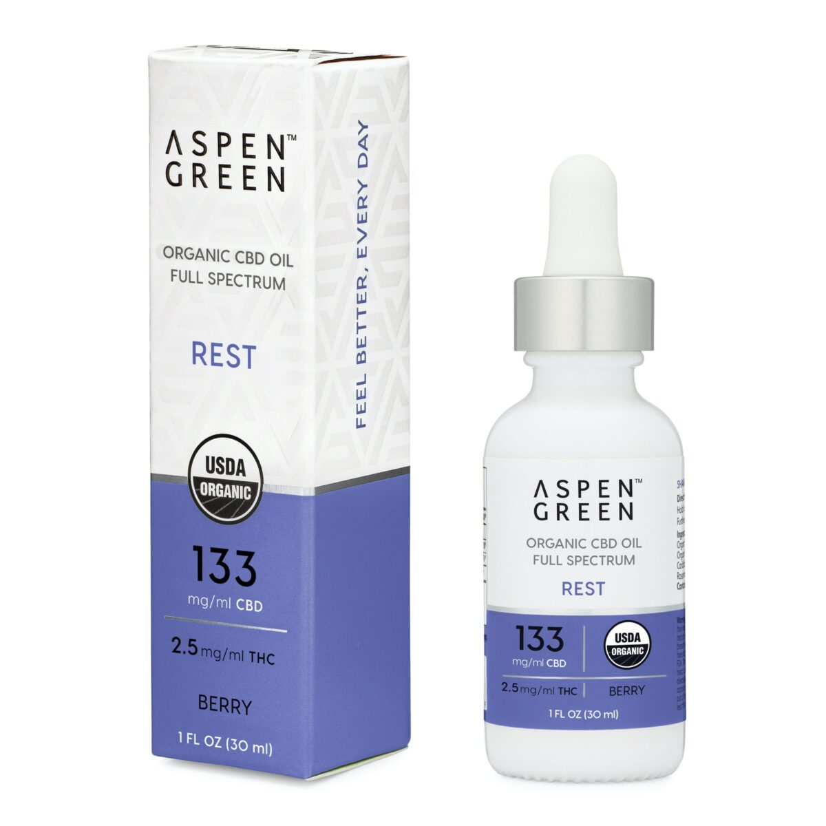 Aspen Green USDA Certified Organic CBD Oil with box, Rest (133mg/ml CBD), Berry Flavor