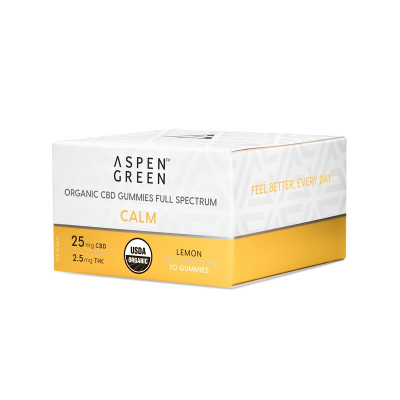 Aspen Green USDA Certified Organic CBD Gummies, Calm (25mg CBD), Lemon Flavor, 30 Gummies