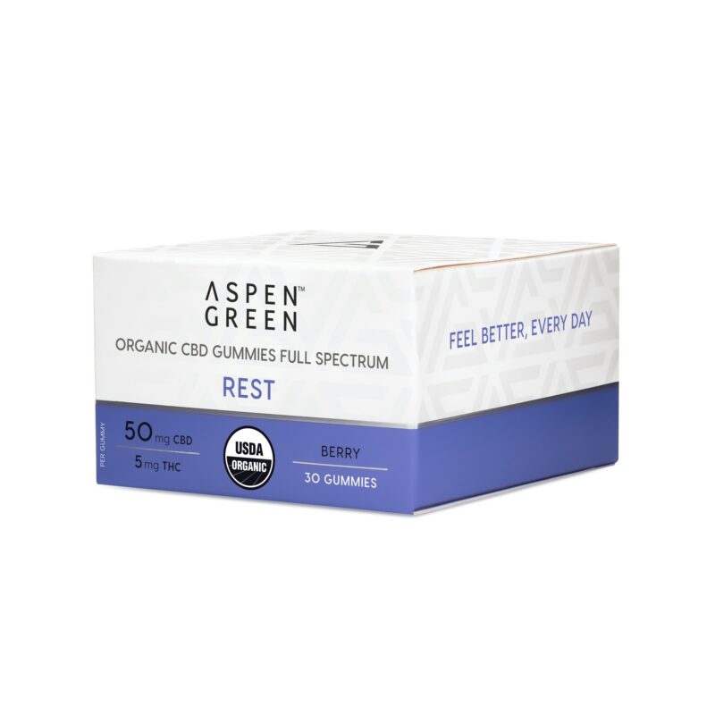 Aspen Green USDA Certified Organic CBD Gummies, Rest (50mg CBD), Berry Flavor, 30 Gummies