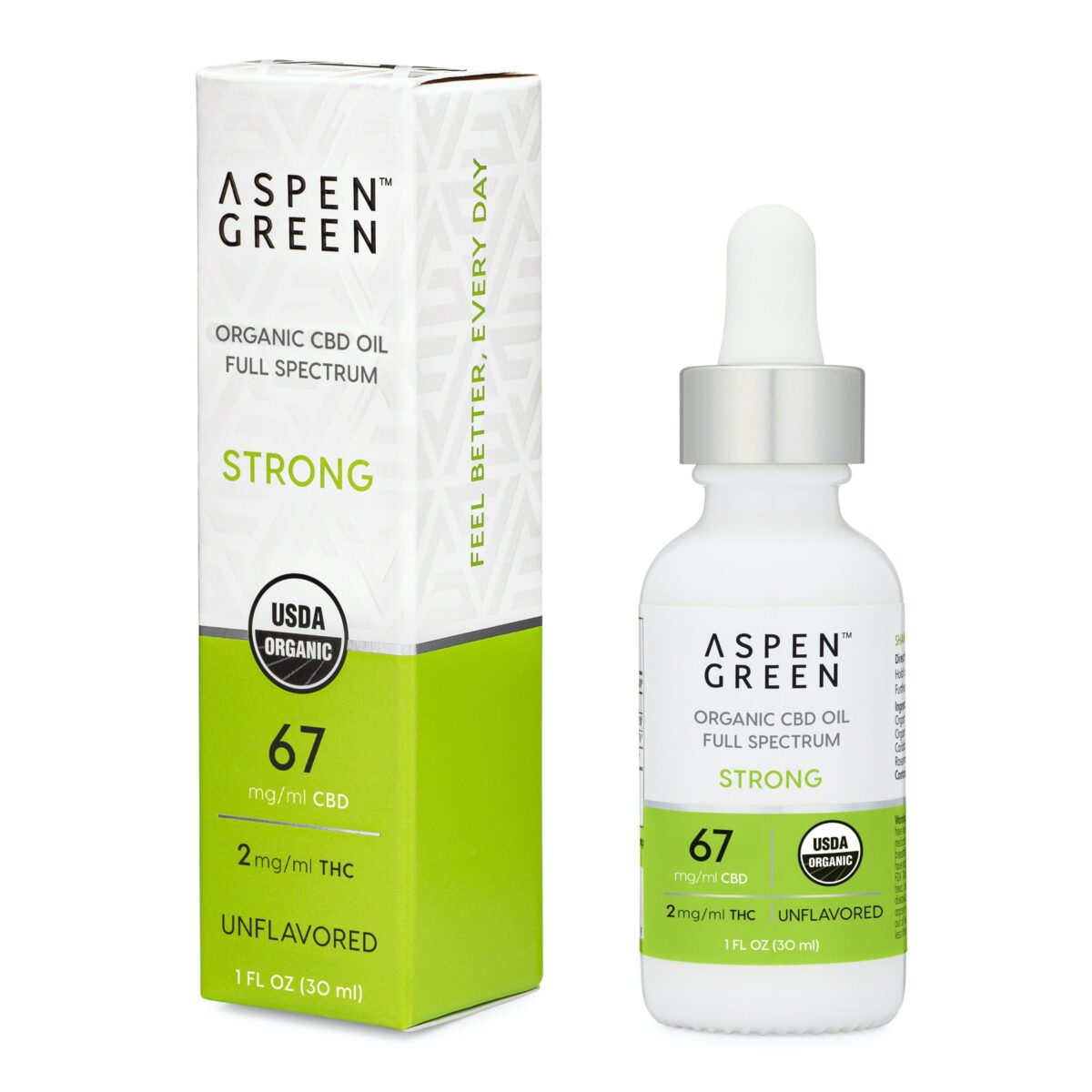 Aspen Green USDA Certified Organic CBD Oil with box, Strong Strength, Unflavored