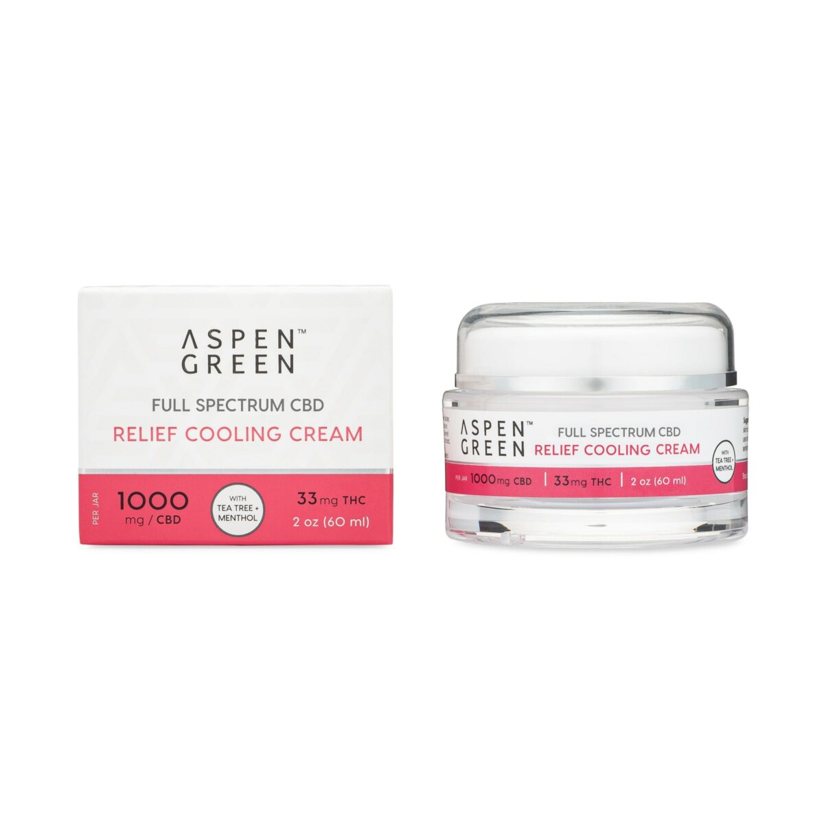 Aspen Green Full Spectrum CBD Relief Cooling Cream (1000mg CBD) jar with box