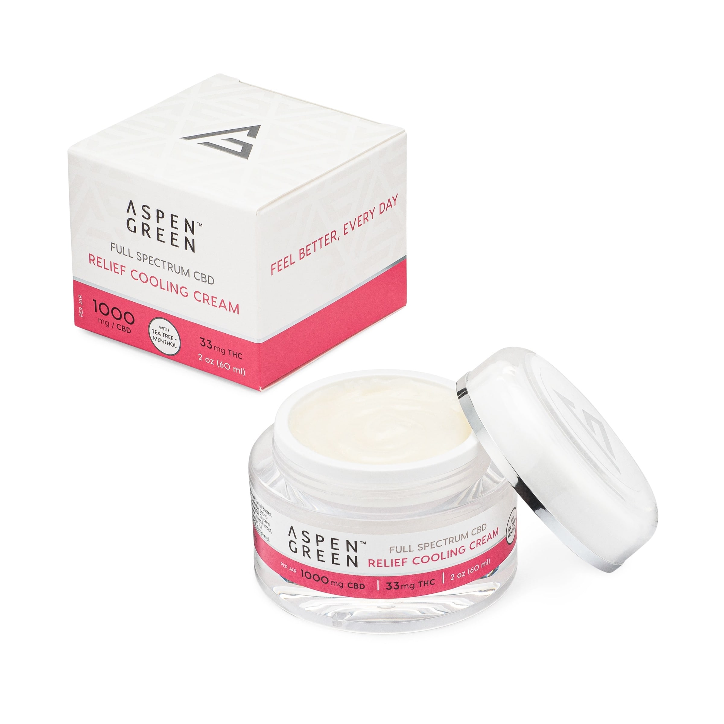 Aspen Green Full Spectrum CBD Relief Cooling Cream open jar with box (1000mg CBD)