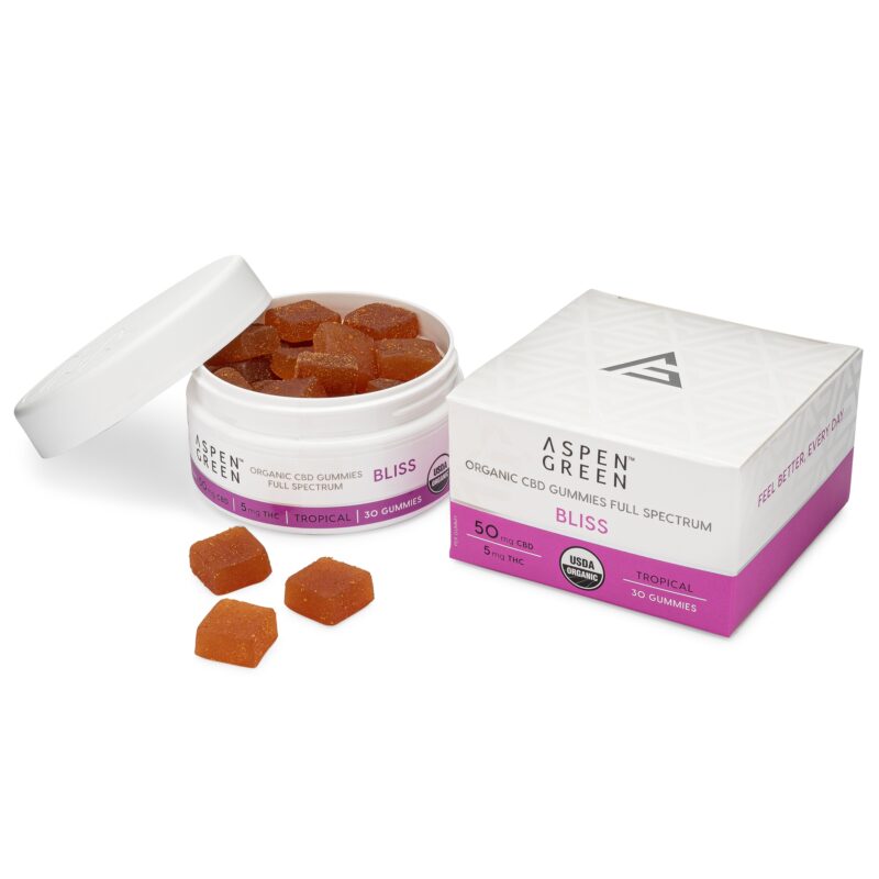 Aspen Green USDA Certified Organic CBD Gummies in open jar with box, Bliss (50mg CBD), Tropical Flavor