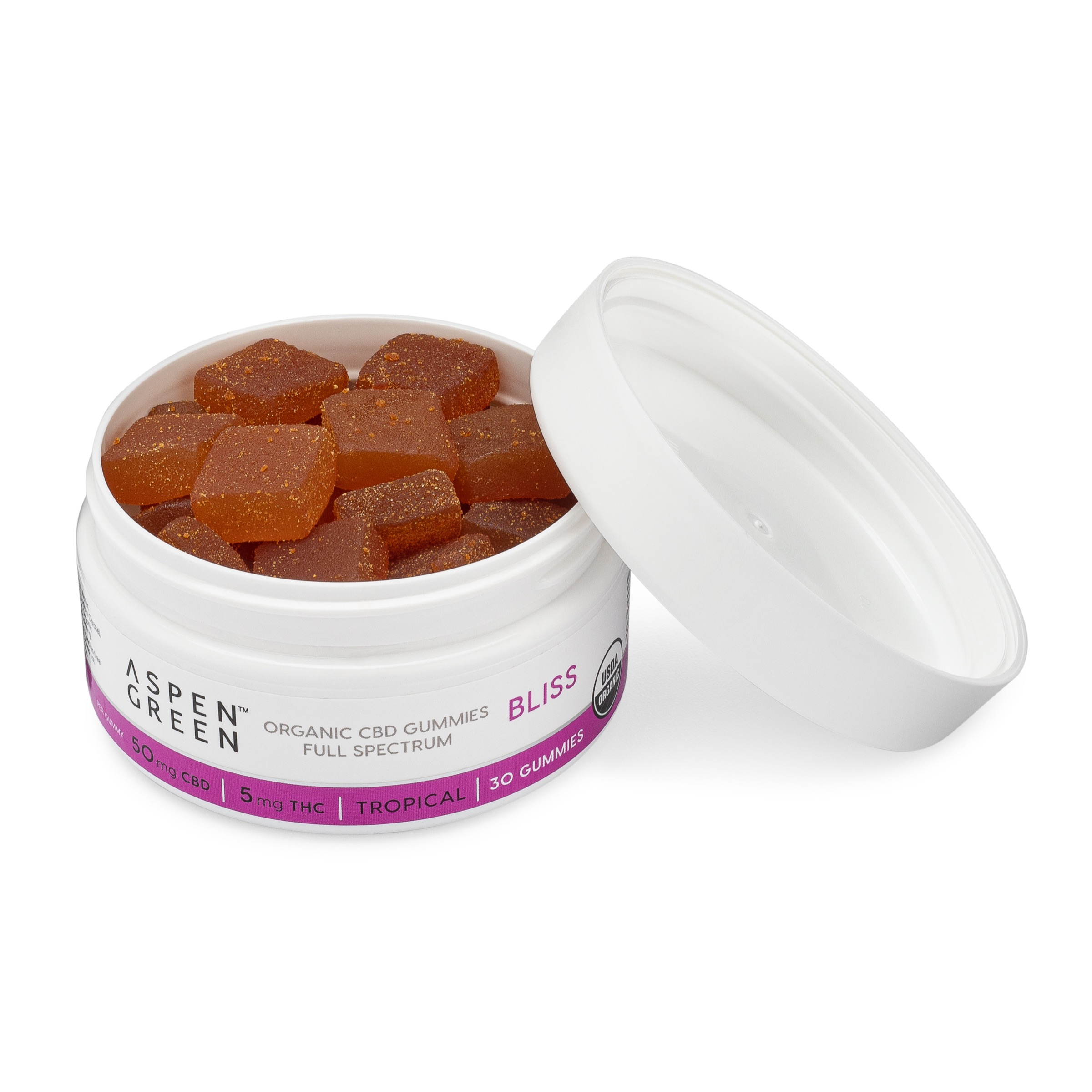 Aspen Green USDA Certified Organic CBD Gummies in open jar, Bliss (50mg CBD), Tropical Flavor