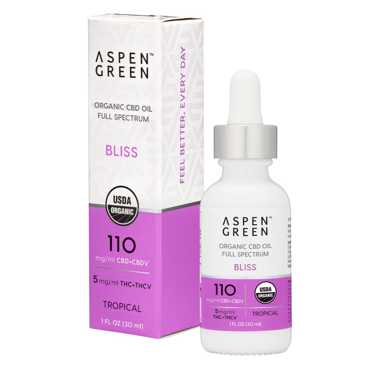 Aspen Green USDA Certified Organic CBD Oil with box, Bliss (110mg/ml CBD), Tropical Flavor