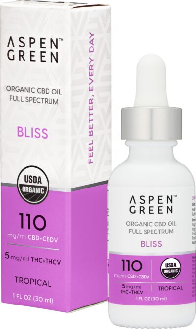 Aspen Green USDA Certified Organic CBD Oil with box, Bliss (110mg/ml CBD), Tropical Flavor